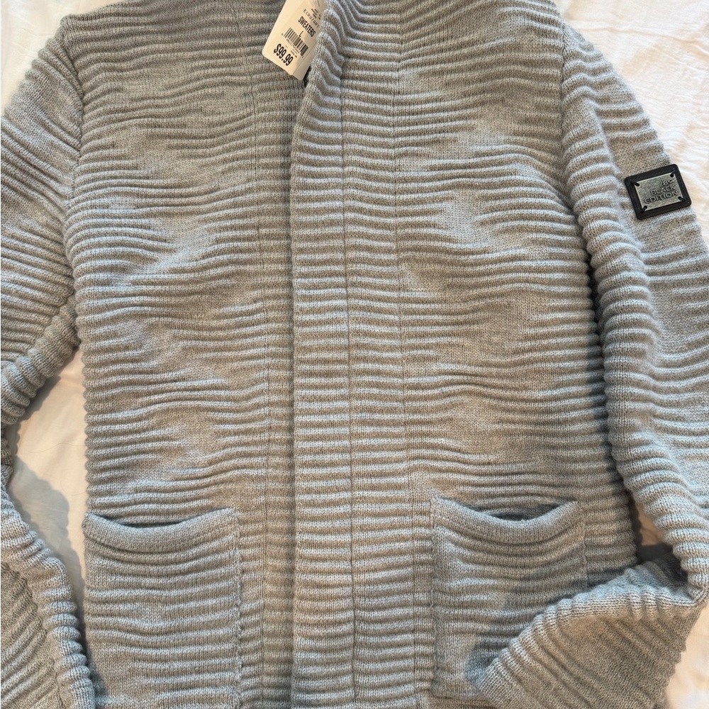 Men's Light Gray Ribbed Open Cardigan Sweater
